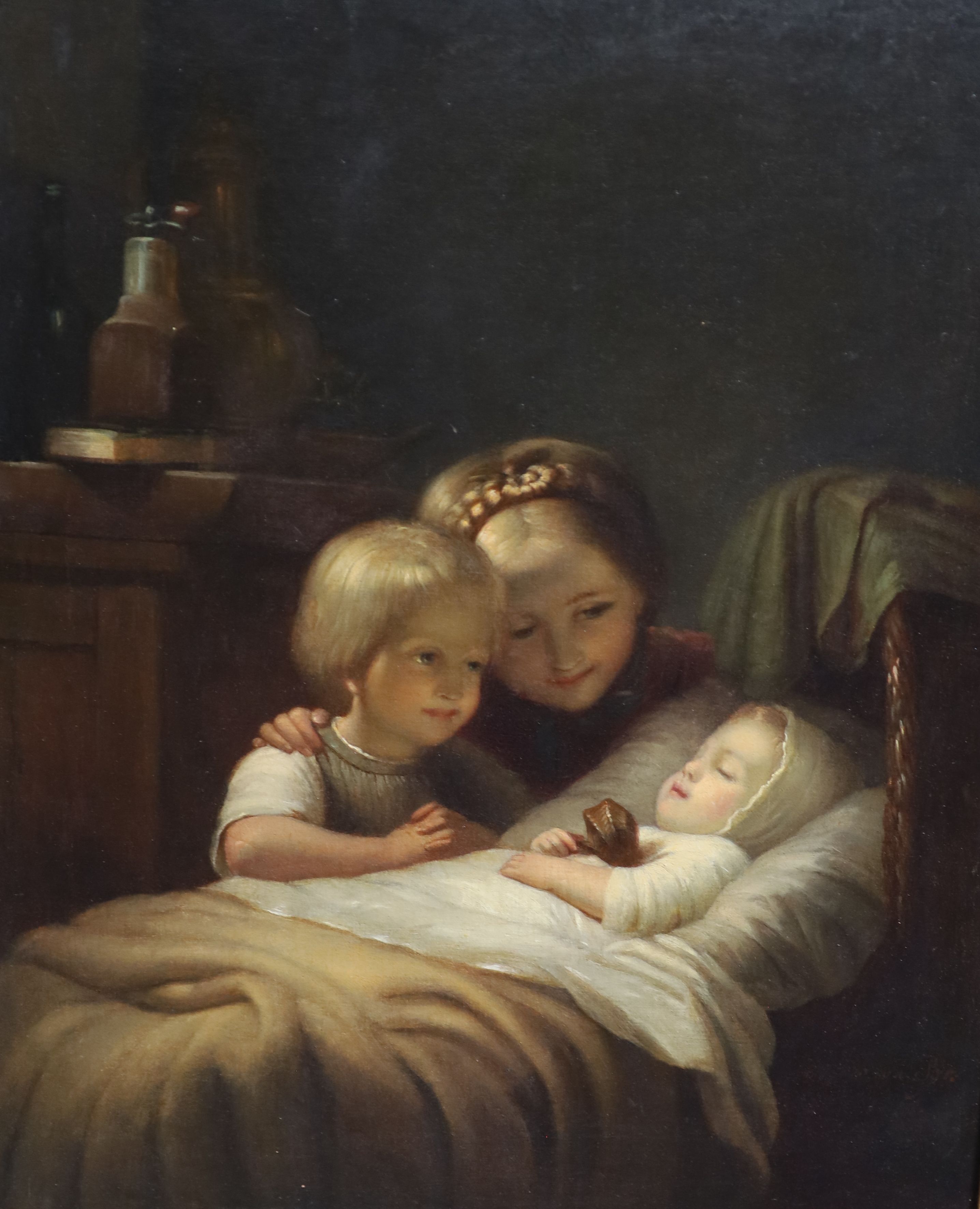 19th century German School, Two children looking at a sleeping baby, oil on canvas, 46.5 x 37.5cm